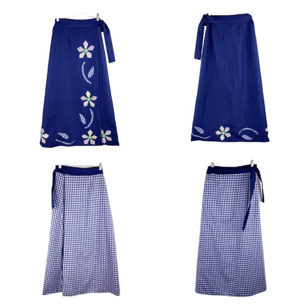 Vintage Wrap Long Skirt Blue White Patchwork Floral Gingham Plaid Women's Medium